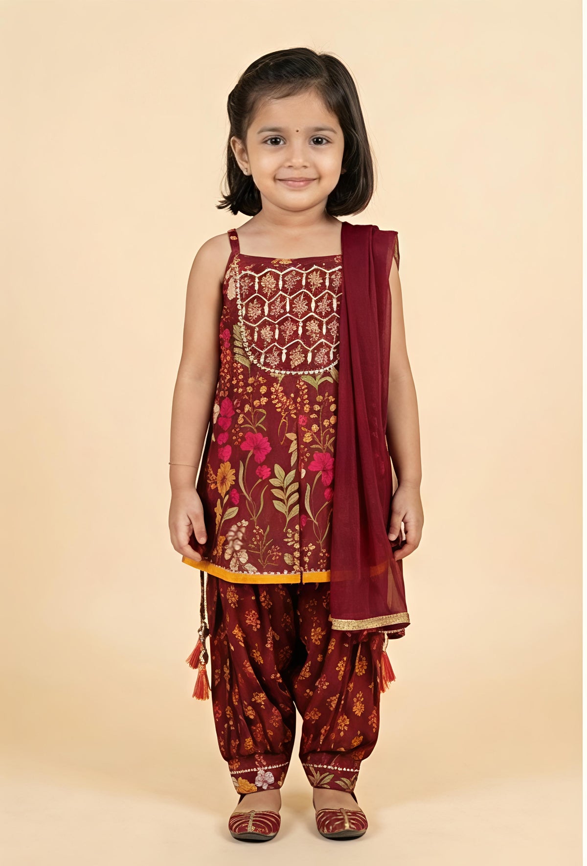 Girls Floral Printed Regular Thread Work Pure Cotton Kurta with Patiala & With Dupatta