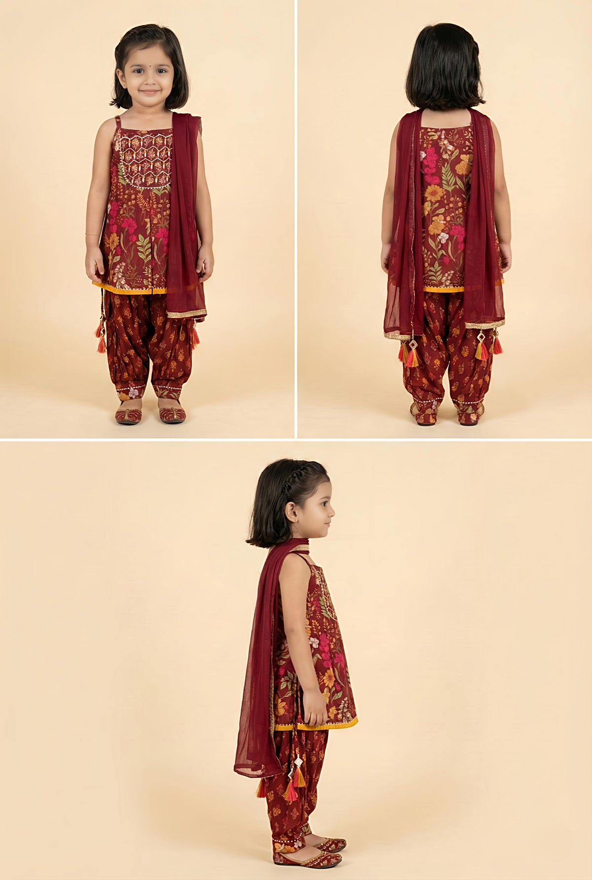 Girls Floral Printed Regular Thread Work Pure Cotton Kurta with Patiala & With Dupatta