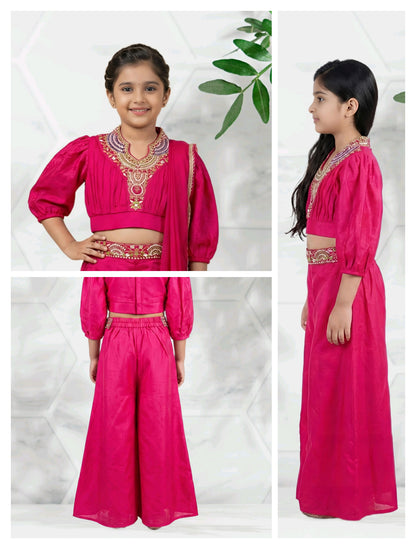 Girls' Embroidered Rani Indo-Western Crop Top and Palazzo Set with Dupatta