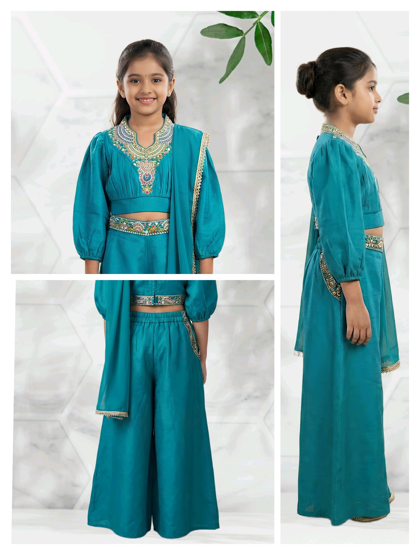 Girls' Embroidered Teal blue Indo-Western Crop Top and Palazzo Set with Dupatta
