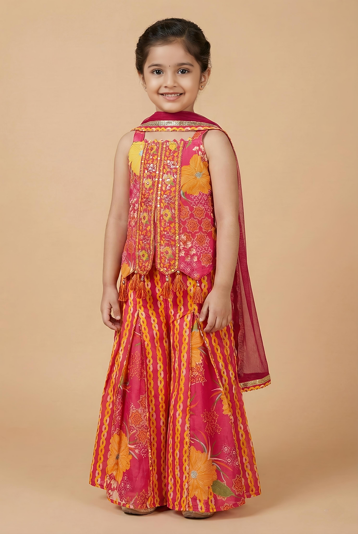 Girls Floral Printed Regular Pure Cotton Kurti with Sharara & With Dupatta
