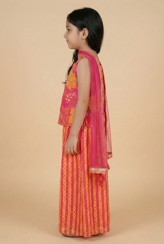 Girls Floral Printed Regular Pure Cotton Kurti with Sharara & With Dupatta