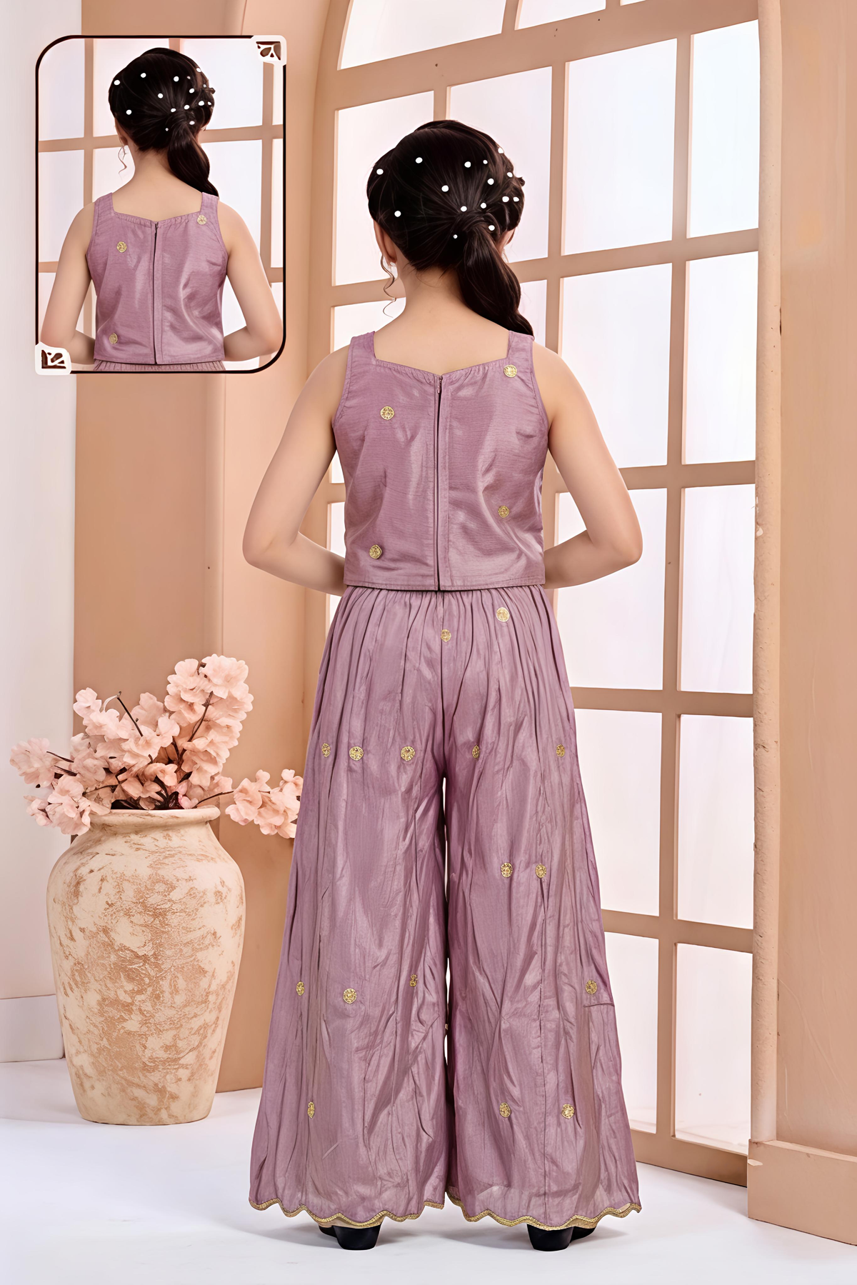 Girls Mauve Embroidered Silk Blend Top & Palazzo Set