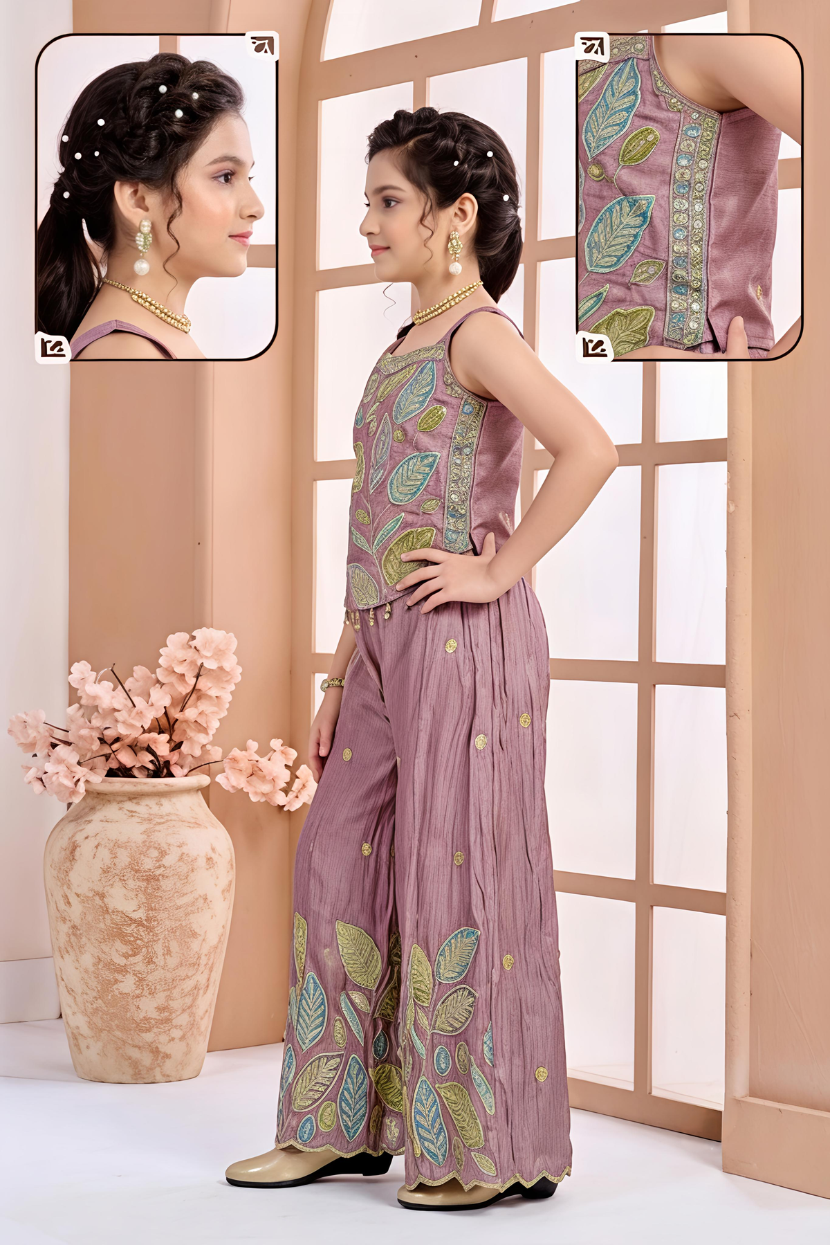 Girls Mauve Embroidered Silk Blend Top & Palazzo Set
