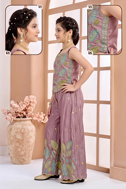 Girls Mauve Embroidered Silk Blend Top & Palazzo Set