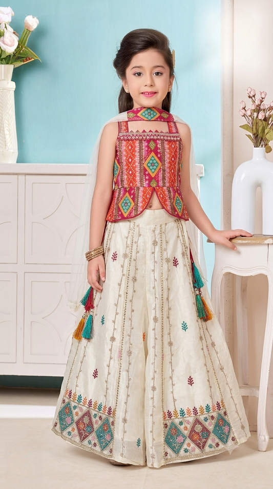 Girls Printed Regular Top with Palazzos & With Dupatta