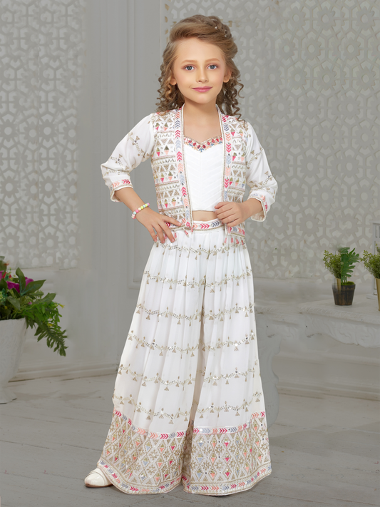 White Embroidered Jacket Plazzo Set
