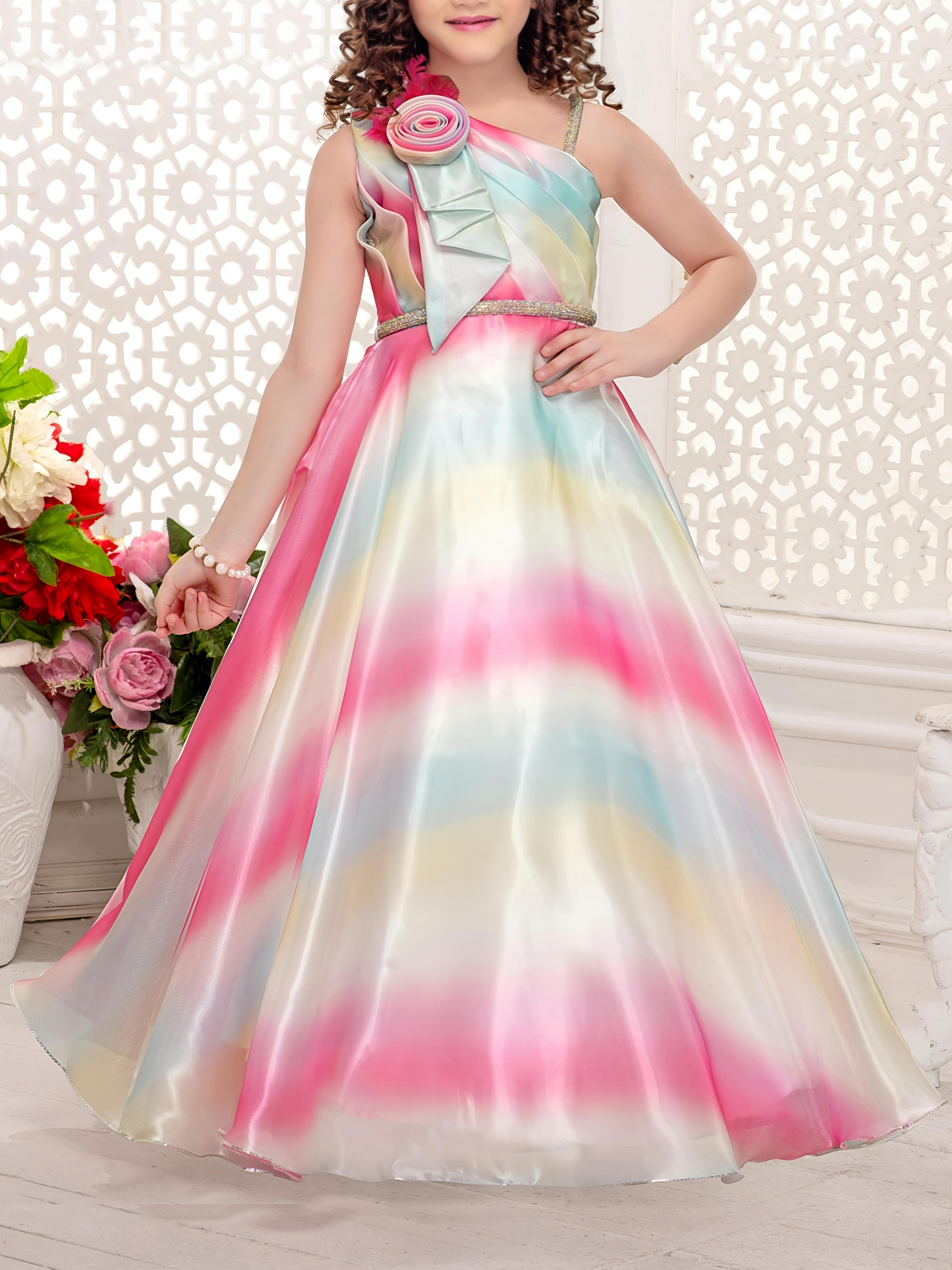 Rainbow Pastel One-Shoulder Gown for Girls – Party Wear Dress