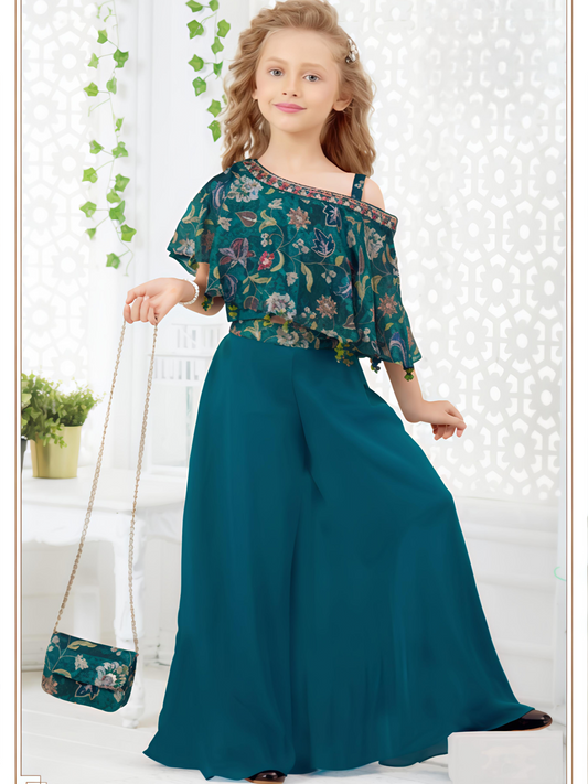 Teal Floral Cape Top with Palazzo Set for Girls