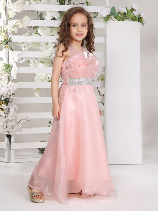Blush Pink Girls Party Gown with Ruffled Bodice – Princess Dress
