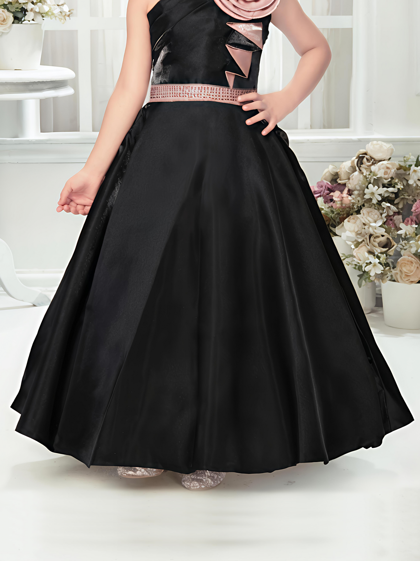 Black One-Shoulder Gown with Rose Appliqué for Girls