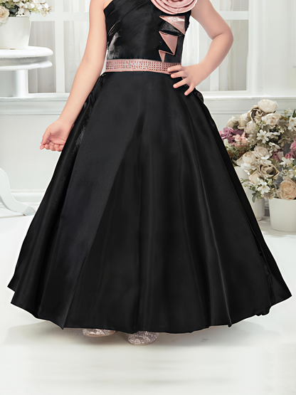Black One-Shoulder Gown with Rose Appliqué for Girls