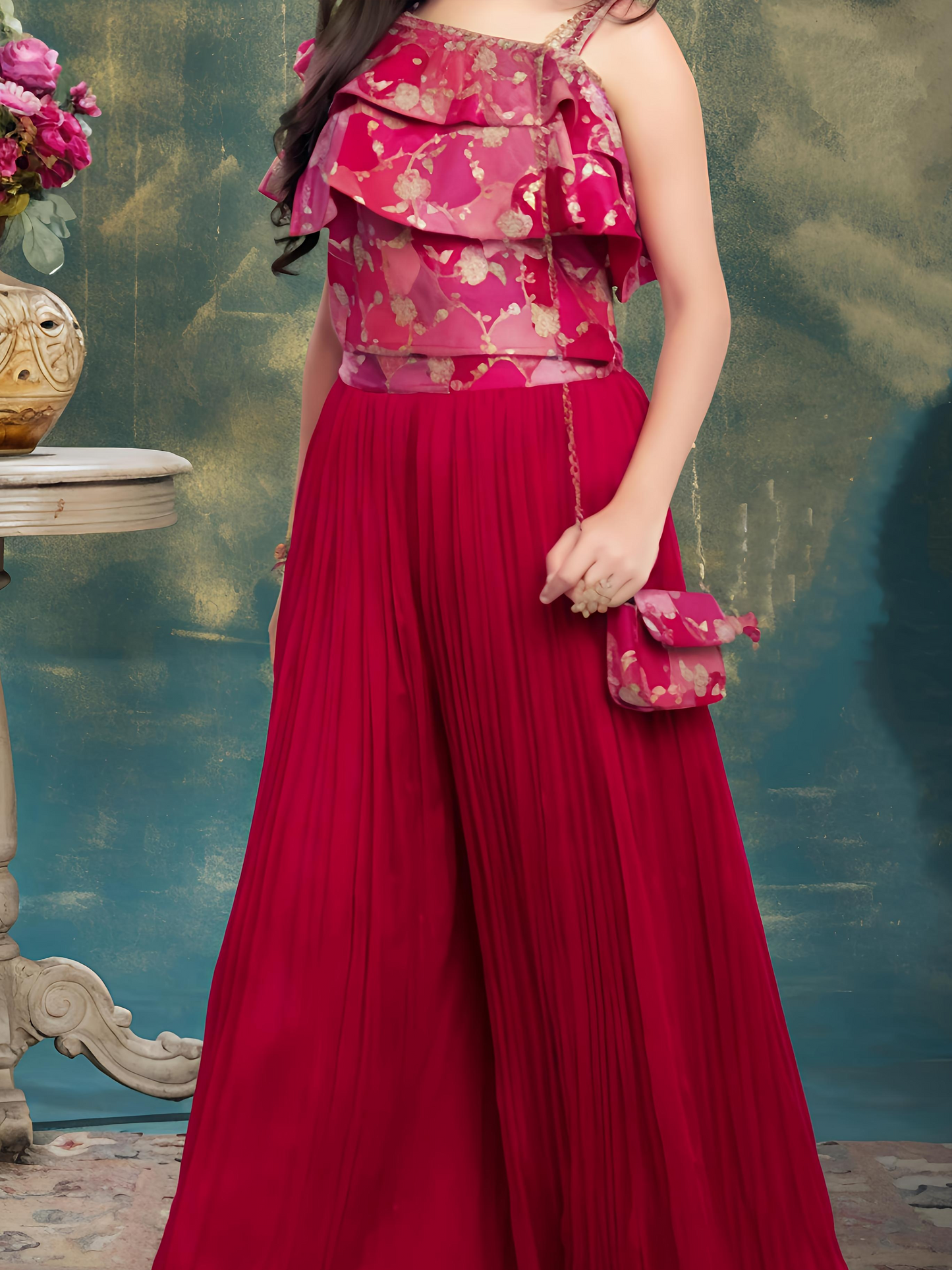 Elegant Ruffle Top & Pleated Palazzo Set for Girls – Cherry Red