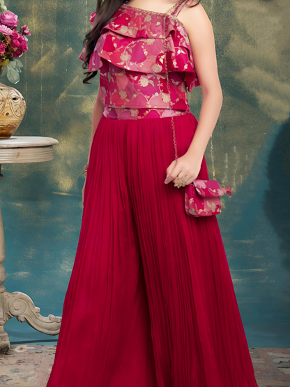 Elegant Ruffle Top & Pleated Palazzo Set for Girls – Cherry Red