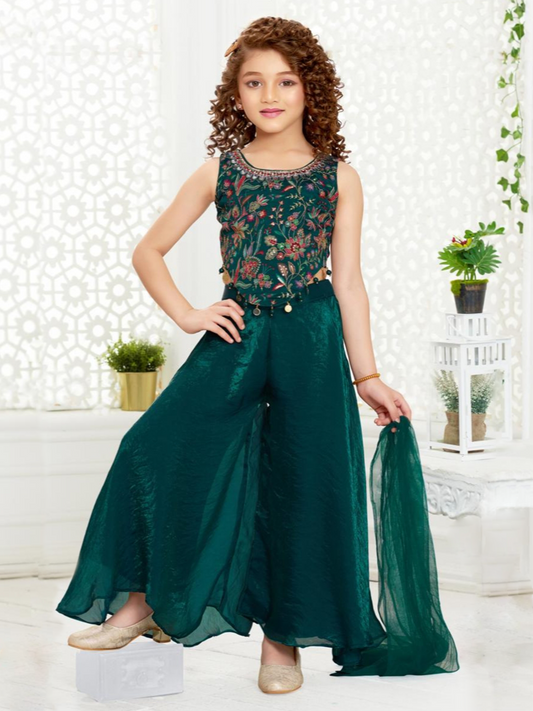 Bottle Green Embroidered Crop Top with Palazzo Set for Girls