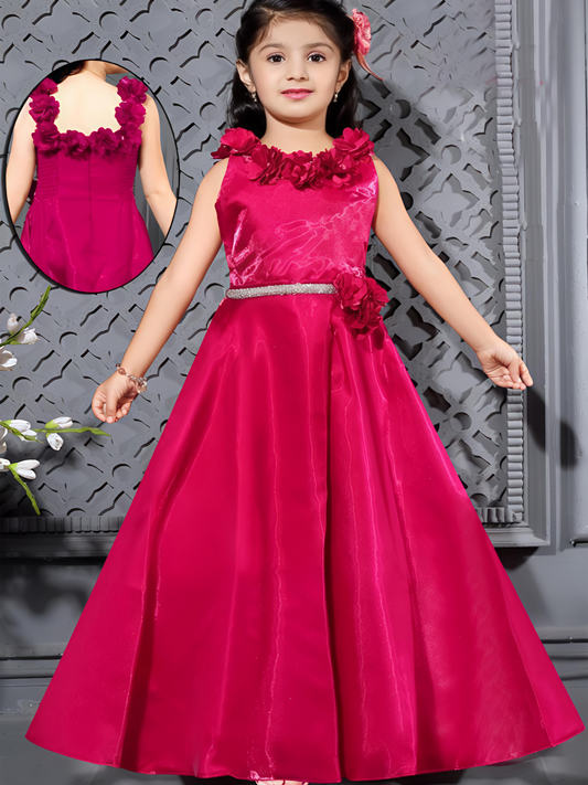 Crimson Red Floral Neck Satin Gown for Girls