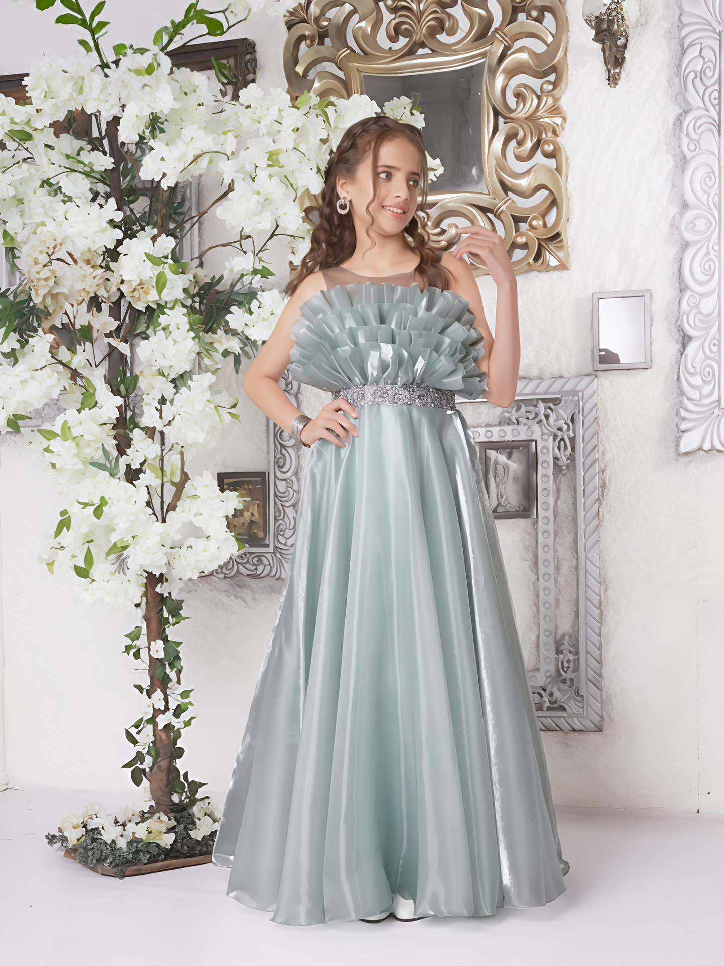 Sea Green Girls Party Gown with Layered Ruffle Yoke – Premium Occasion Dress