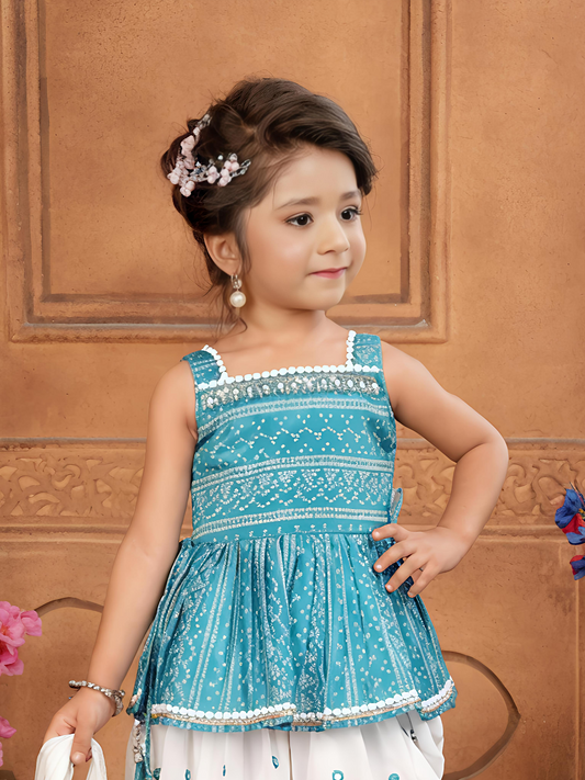 Product Name: Teal Bandhani-Style Peplum Top with White Patiala and Dupatta for Girls