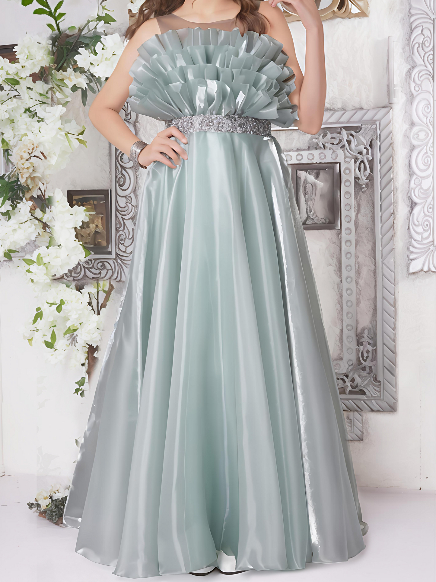 Sea Green Girls Party Gown with Layered Ruffle Yoke – Premium Occasion Dress