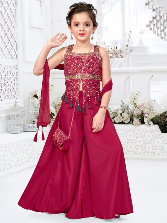 Wine Mirror-Work Palazzo Set with Potli Bag