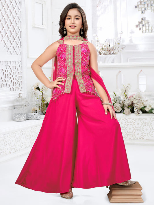 Radiant Rani Pink Embroidered Palazzo Set for Girls