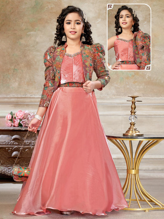 Peach Choli with Inner & Printed Jacket – Girls Ethnic Party Wear Set