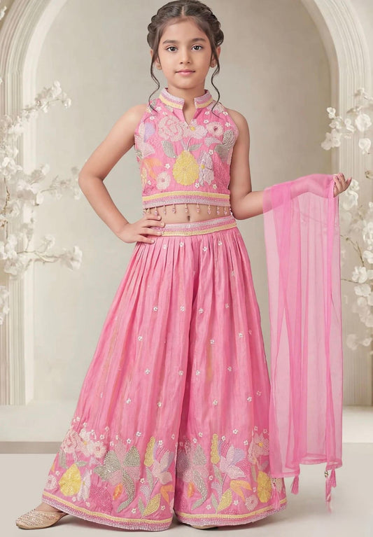 Girls Floral Embroidered Regular Thread Work Top with Palazzos & With Dupatta
