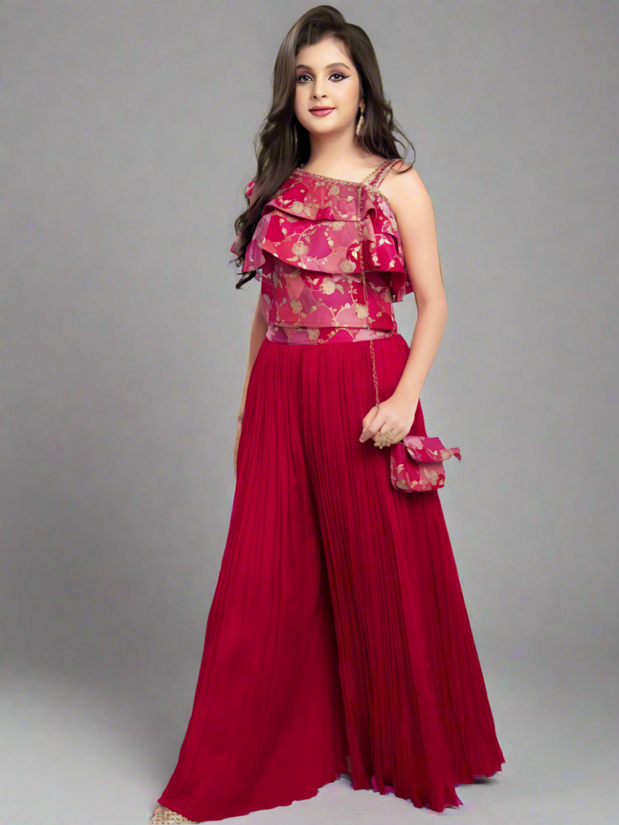 Elegant Ruffle Top & Pleated Palazzo Set for Girls – Cherry Red