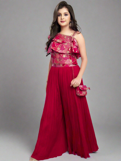 Elegant Ruffle Top & Pleated Palazzo Set for Girls – Cherry Red