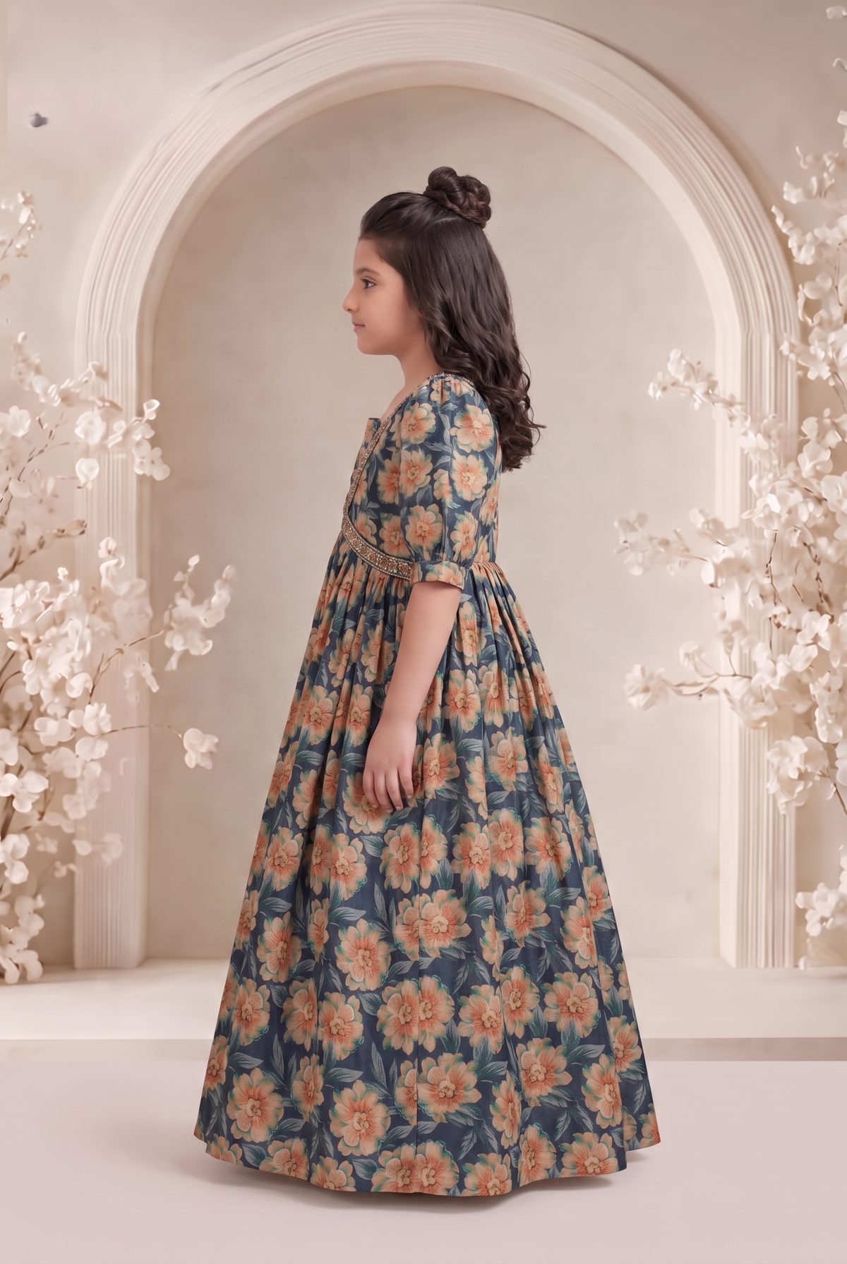 Floral Print Puff Sleeve Chiffon A-Line Maxi Dress