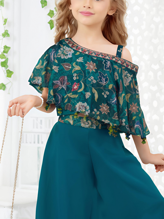 Teal Floral Cape Top with Palazzo Set for Girls