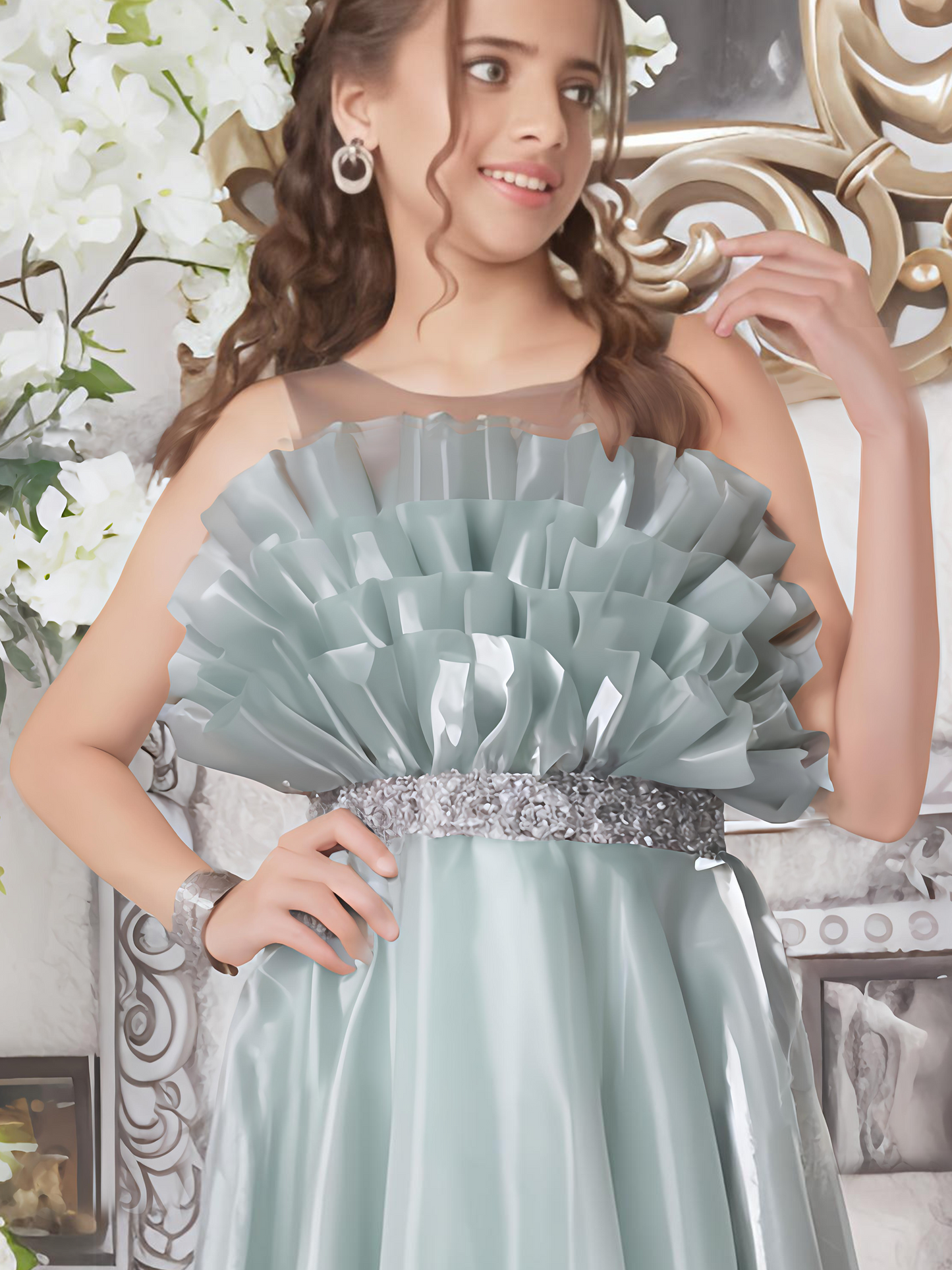 Sea Green Girls Party Gown with Layered Ruffle Yoke – Premium Occasion Dress
