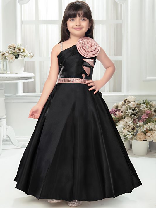 Black One-Shoulder Gown with Rose Appliqué for Girls