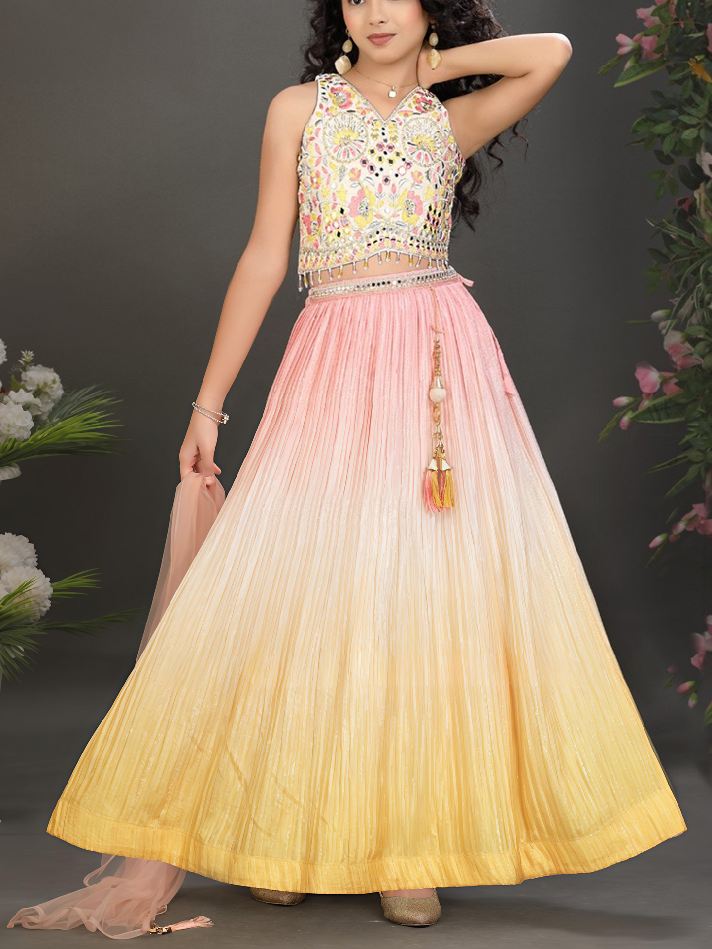 Cream & Yellow Floral Lehenga Choli Set