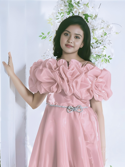 Peach Puff-Sleeve Floor-Length Gown for Girls – Designer Occasion Dress