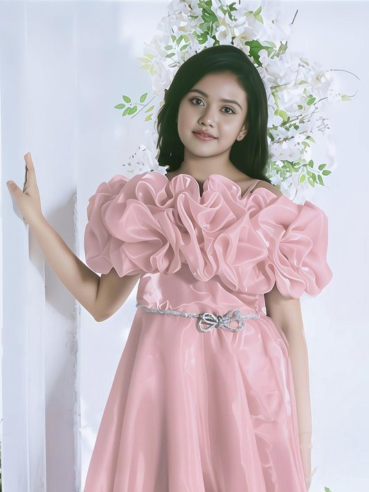 Peach Puff-Sleeve Floor-Length Gown for Girls – Designer Occasion Dress
