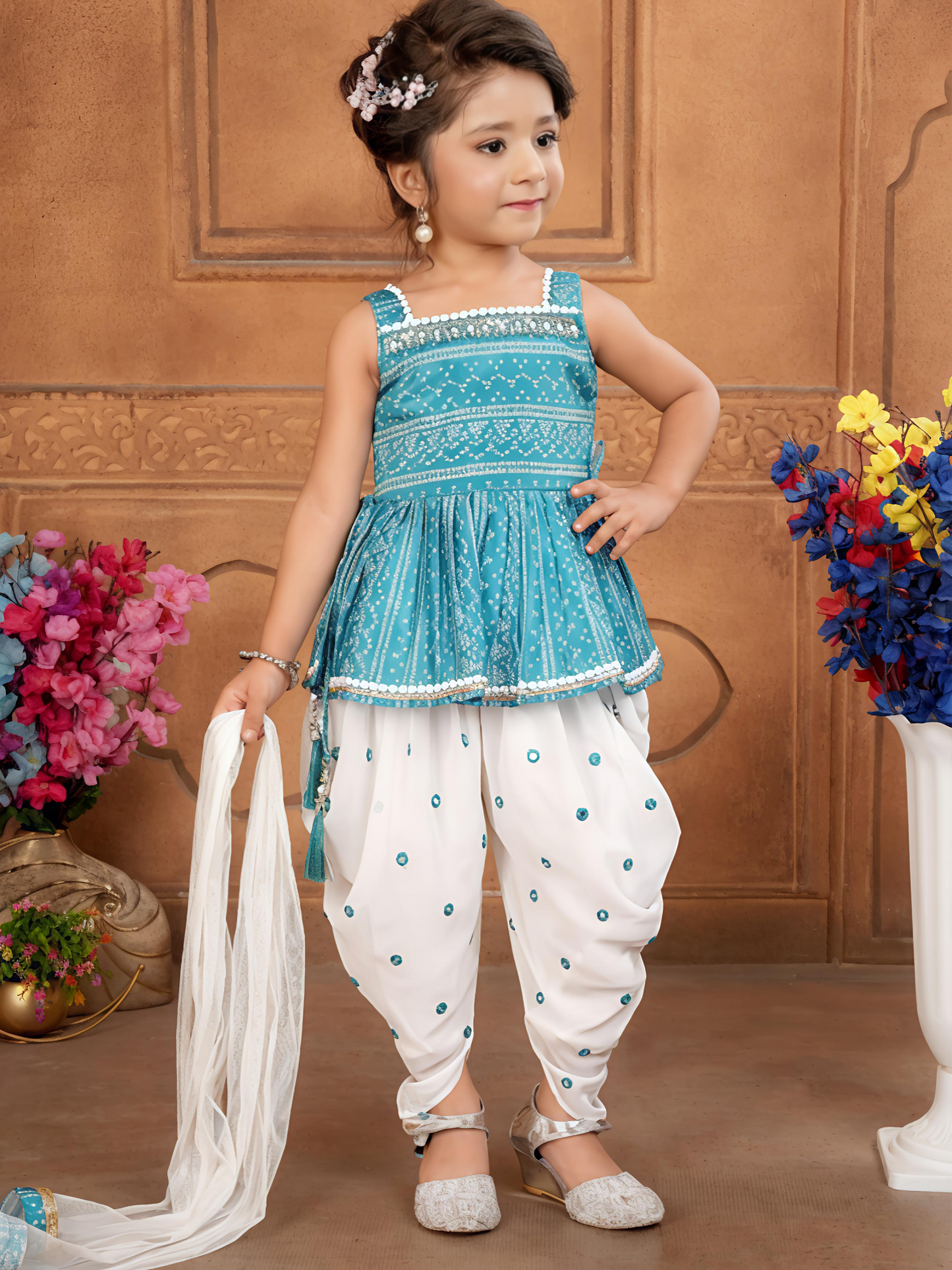 Product Name: Teal Bandhani-Style Peplum Top with White Patiala and Dupatta for Girls