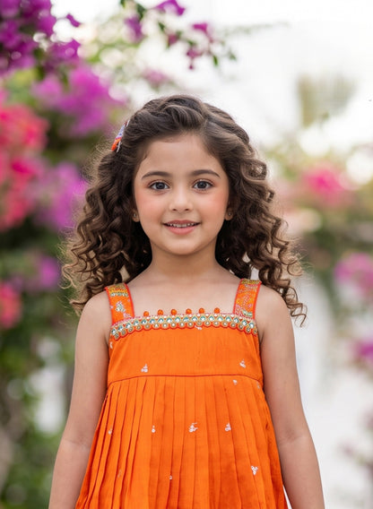 Vibrant Orange Embroidered Peplum Top & Straight Pant Set