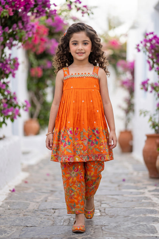 Vibrant Orange Embroidered Peplum Top & Straight Pant Set