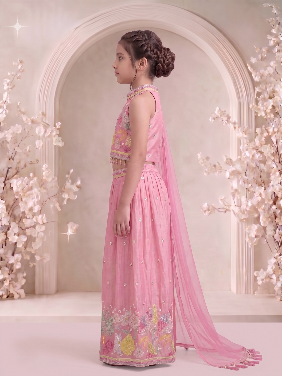 Girls Floral Embroidered Regular Thread Work Top with Palazzos & With Dupatta