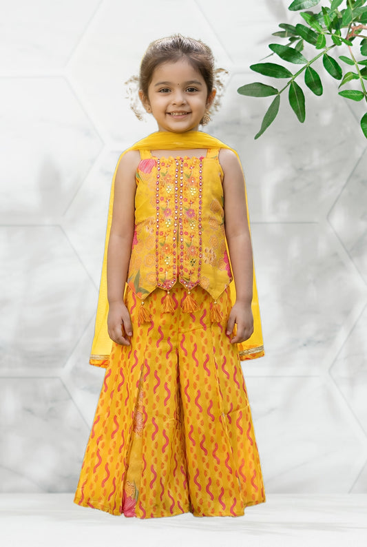 Girls Floral Embroidered Panelled Beads and Stones Pure Cotton Kurta with Sharara & With Dupatta