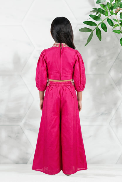 Girls' Embroidered Rani Indo-Western Crop Top and Palazzo Set with Dupatta