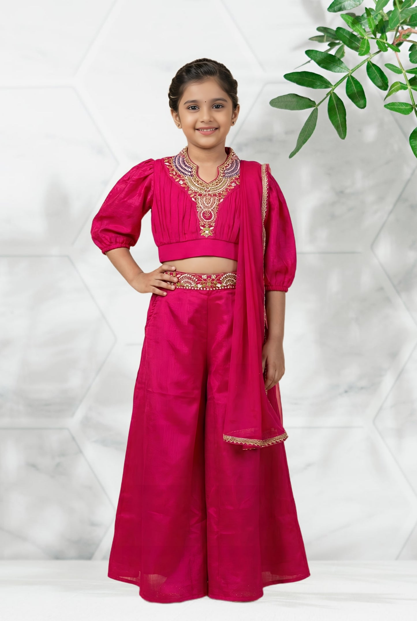 Girls' Embroidered Rani Indo-Western Crop Top and Palazzo Set with Dupatta