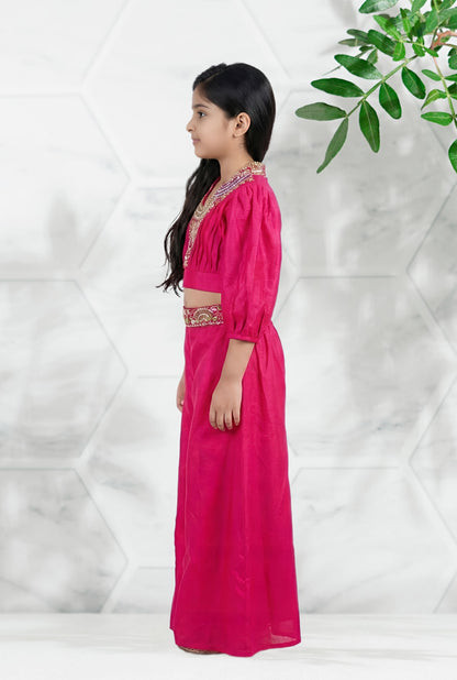 Girls' Embroidered Rani Indo-Western Crop Top and Palazzo Set with Dupatta