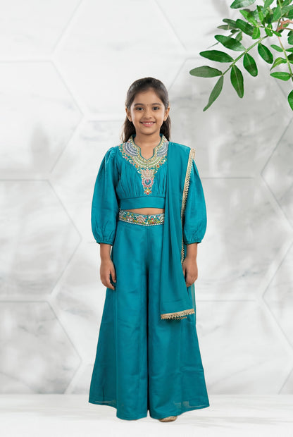 Girls' Embroidered Teal blue Indo-Western Crop Top and Palazzo Set with Dupatta