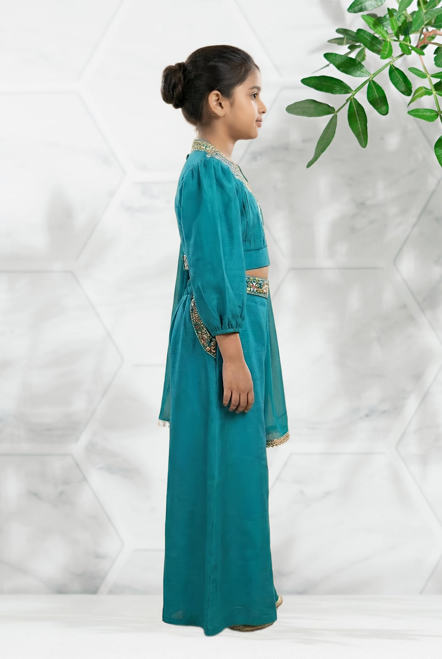 Girls' Embroidered Teal blue Indo-Western Crop Top and Palazzo Set with Dupatta