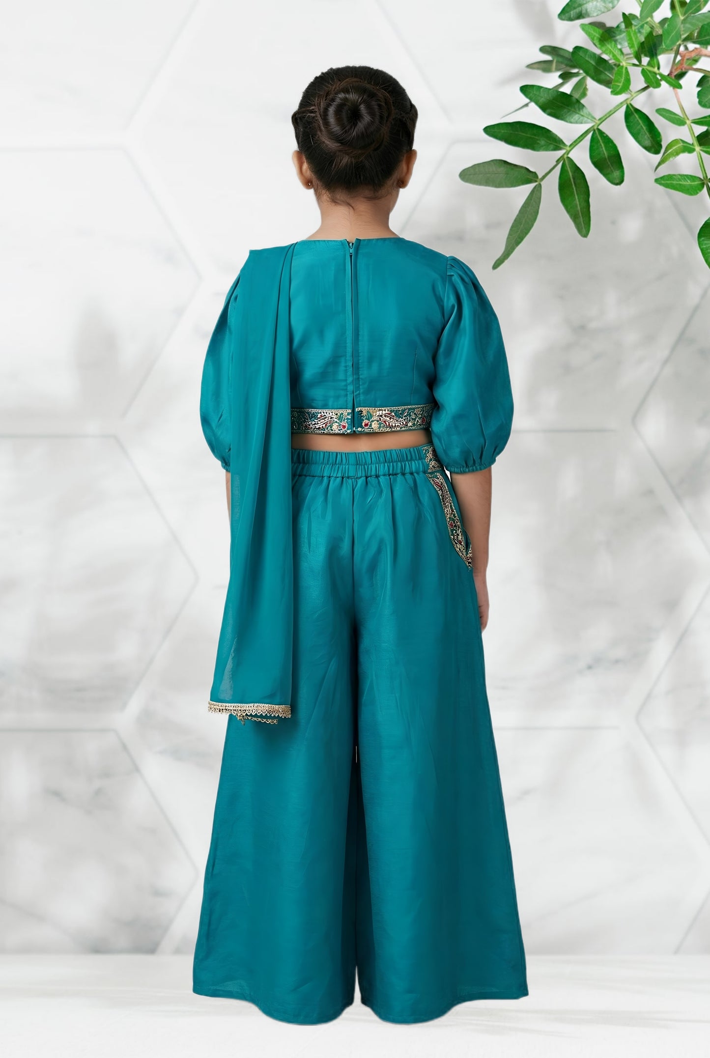 Girls' Embroidered Teal blue Indo-Western Crop Top and Palazzo Set with Dupatta
