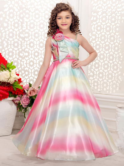 Rainbow Pastel One-Shoulder Gown for Girls Party Wear Dress Pink Leaf Rainbow Pastel One-Shoulder Gown for Girls Party Wear Dress Pink Leaf