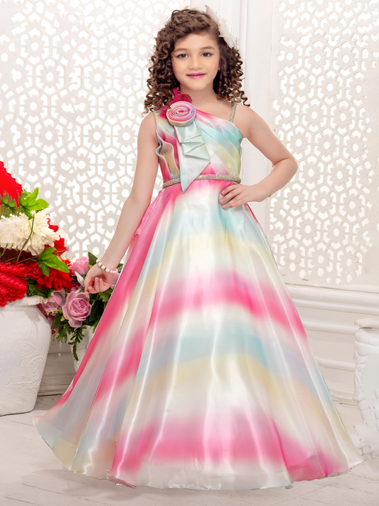 Rainbow Pastel One-Shoulder Gown for Girls – Party Wear Dress
