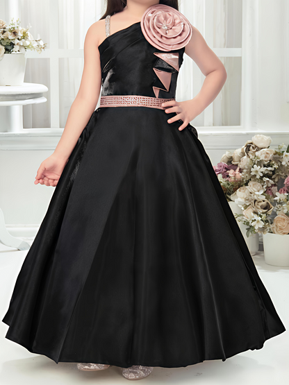 Black One-Shoulder Gown with Rose Appliqué for Girls